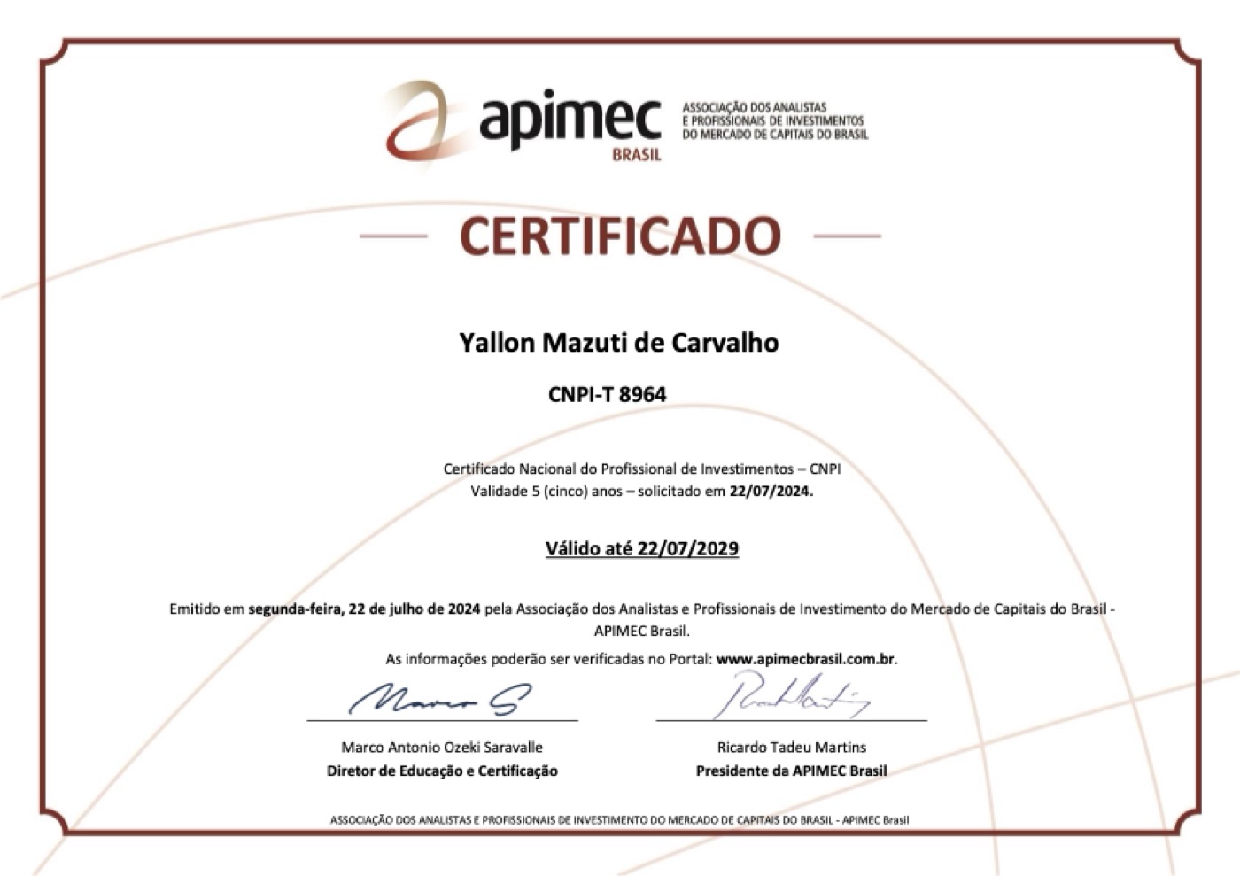 Certificado CNPI-T 8964 APIMEC Yallon Mazuti